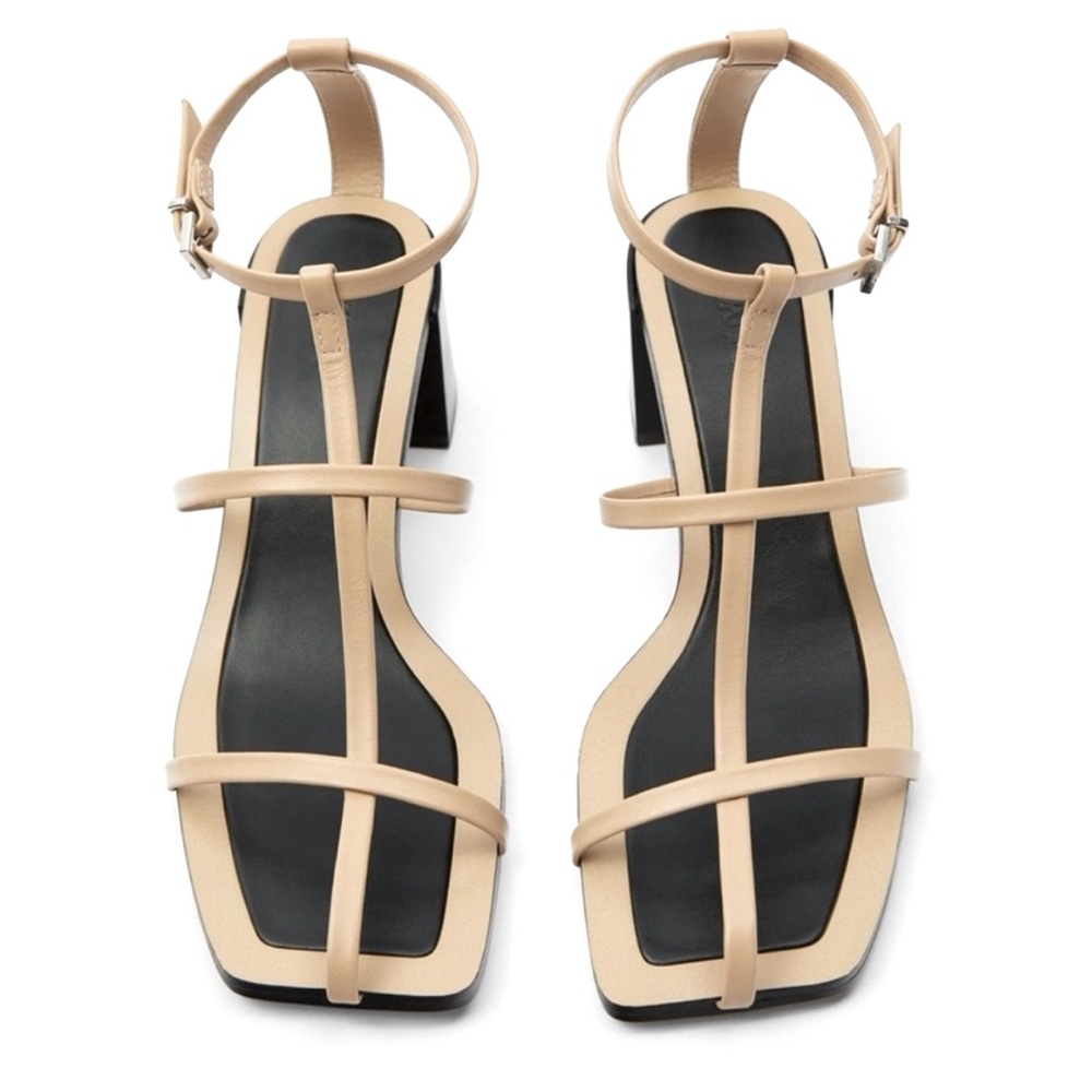 Zara Leather Block Heeled Sandals w Buckled Ankle Strap in Nude-Size 37/7